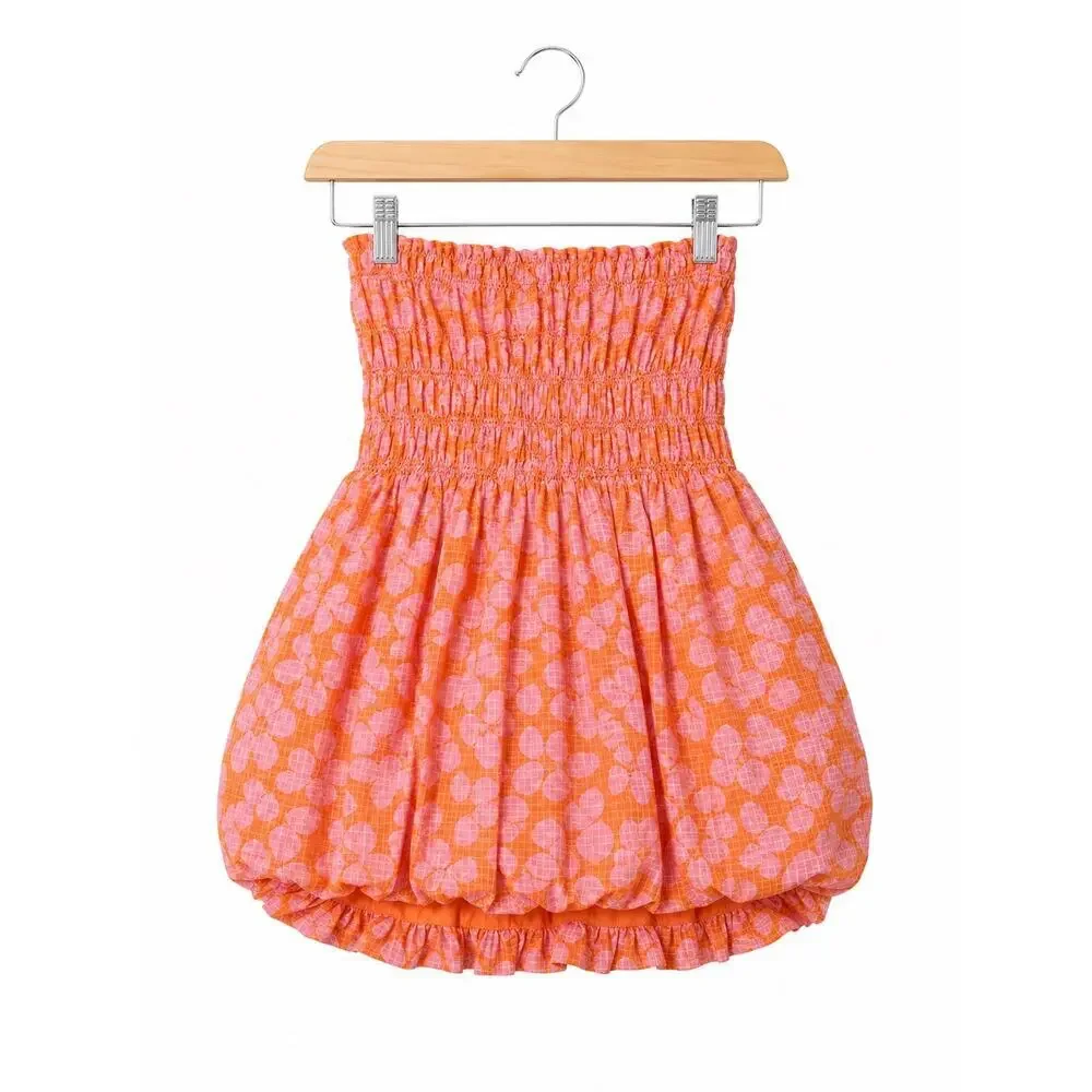 Free People Annalise Mini Dress Bubble Hem Smocked Strapless Peach Pink Coastal